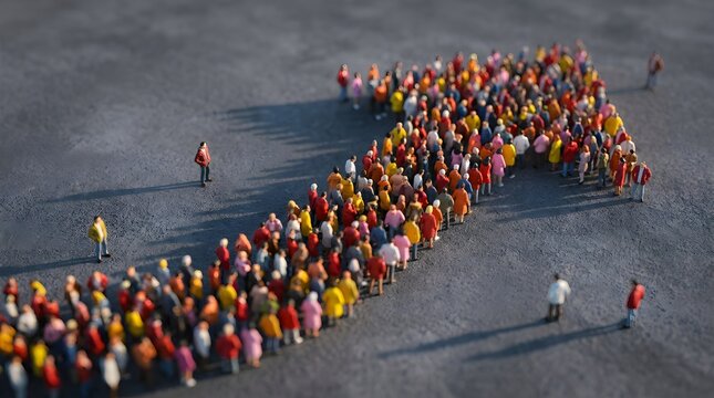 Close-up tilt-shift aerial view of miniature figures forming a chevron arrow, representing sharp business direction, focus and collective teamwork