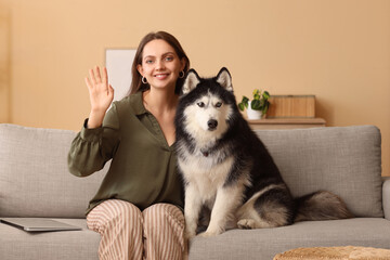 Pet ownership and companionship, happy woman waving hand while sitting on sofa with her husky dog at home during remote work or leisure time © Pixel-Shot