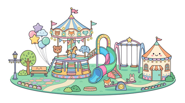 Colorful outdoor playground with carousel, slide and swings.