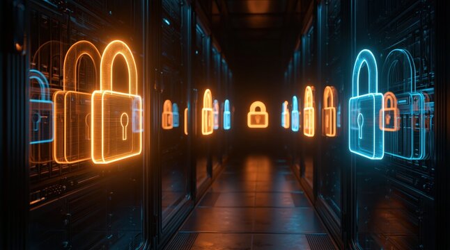 Cybersecurity concept with glowing neon padlock symbols for data protection and network security in digital server