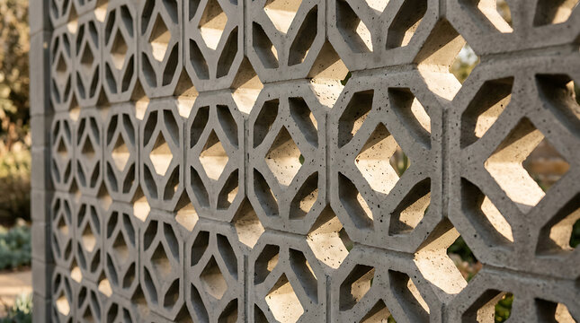 Geometric breeze block concrete wall with decorative openwork pattern casting morning sunlight shadows outdoors