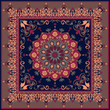 Islamic-style rug featuring a scarf-like pattern and mandala flowers.