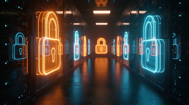 Security and cybersecurity digital technology in a server data protection corridor with glowing neon padlock icons