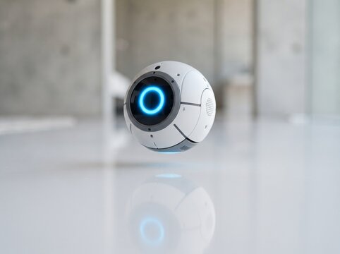 Floating Spherical AI Robot with Glowing Blue Ring Light