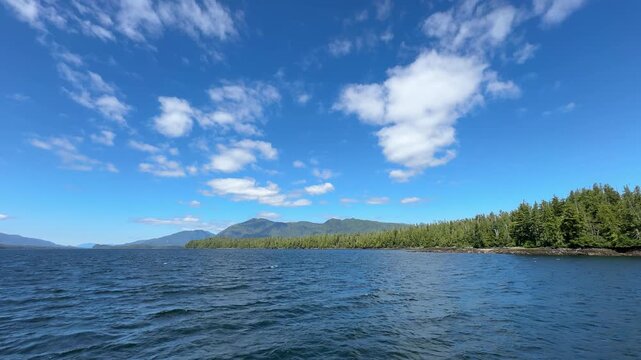  A cinematic wide establishing shot from a moving boat showing deep blue ocean water moving past a long evergreen tree line under a beautiful sky.