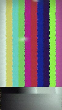 Abstract television test pattern with a vibrant spectrum of colored vertical bars and a grayscale gradient section, ideal for design, digital art, and nostalgic media aesthetics