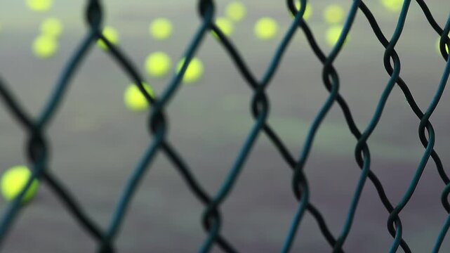 Close up view of yellow tennis balls scattered on a professional court seen through a dark chain link fence after a training session