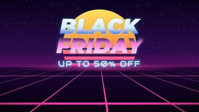 Retro 80s Style Black Friday Sale Up To 50 Percent Off With Neon Grid And Stars Background