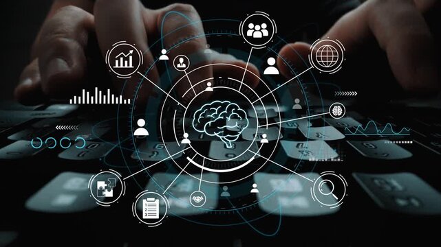 Modern Technology Interface with Brain Symbol Featuring Data Analysis, Network Connections, and Digital Interaction Concepts. Entropy.