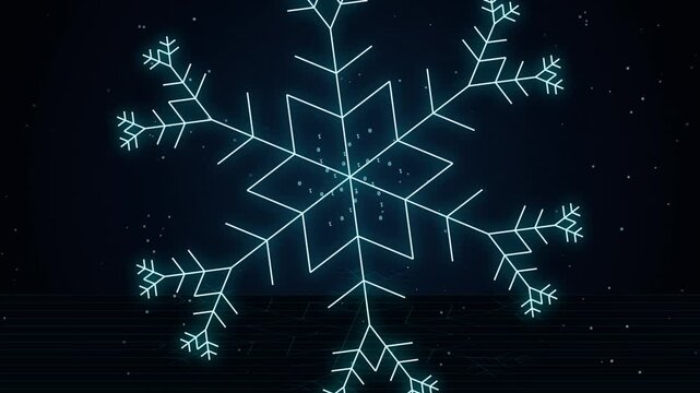 Digital snowflake icon with binary code on dark background
