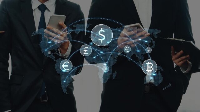 A group of business professionals utilizes smartphones and tablets to explore digital finance concepts, showcasing a global map with various currency symbols and cryptocurrency icons. Raster