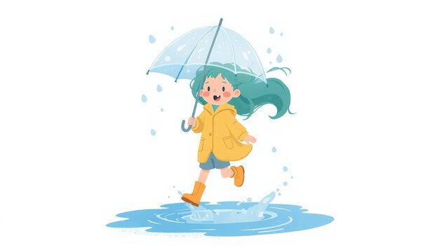 Happy little girl wearing a yellow raincoat and holding clear umbrella jumping into water puddle outside