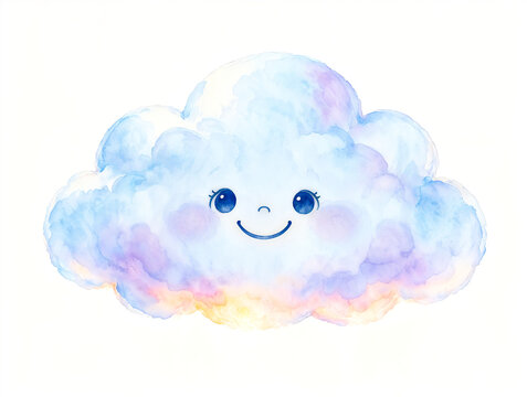 Watercolor pastel cloud with smiling face, isolated on pure white background, no shadows