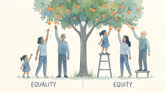 People reaching fruit from tree showing equality vs equity