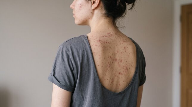 Young woman showing back acne breakouts wearing a grey t-shirt with copy space