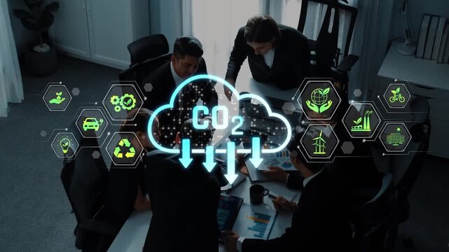 A group of professionals engages in a business meeting focused on sustainability strategies, showcased with digital graphics representing CO2 emissions and eco-friendly icons. Raster