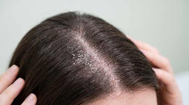 Person showing dry scalp with visible dandruff flakes on dark hair in close up view
