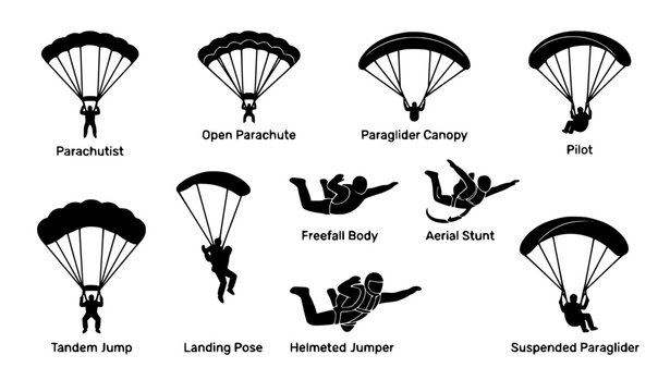 Minimal Skydiving Paragliding and Parachute Silhouette Icons