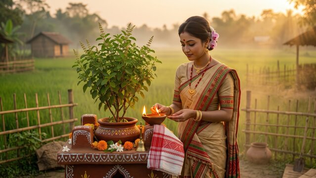Assamese Woman Lighting Saki Lamps During Kati Bihu