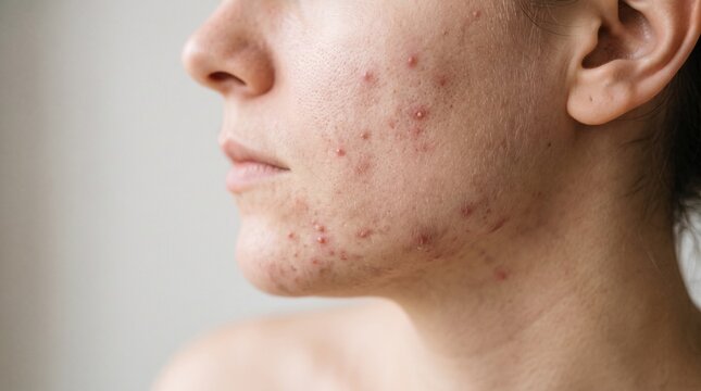 Close up of young woman face with acne breakouts and skin texture for dermatology