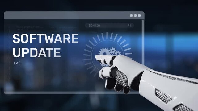 A futuristic robotic hand interacts with a software update interface displayed on a sleek digital screen, emphasizing advancements in technology and automation. Synapse