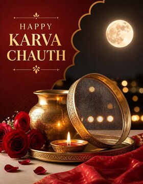 Happy karva chauth greeting card with traditional sieve lit diya pot full moon background