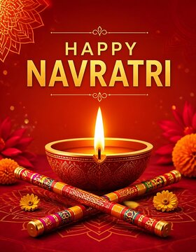 Happy navratri festive background featuring glowing lit oil lamp and colorful dandiya sticks