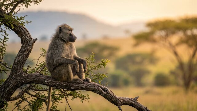 olive baboon close up on a tree at morning light in lake nakuru kenya video