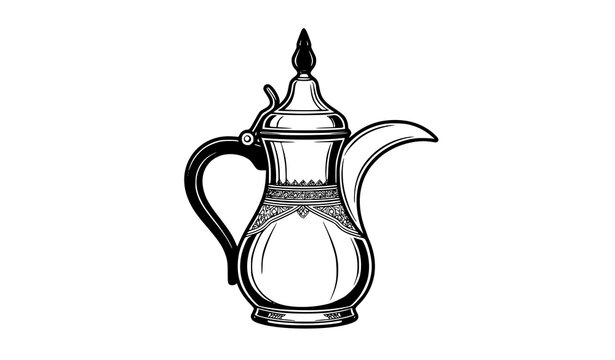 Ornate Arabic Dallah Coffee Pot Vector Illustration Traditional Arabian Teapot with Decorative Pattern Black and White Line Art Design