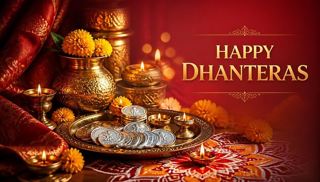 Happy dhanteras celebration background with silver coins brass vessels glowing oil