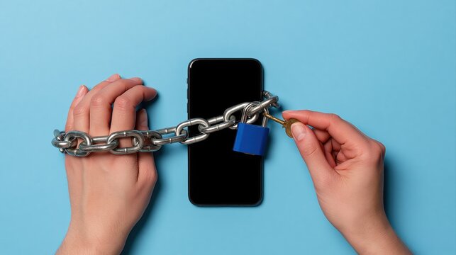 Smartphone wrapped in a metal chain with a blue padlock symbolizing digital addiction and mobile data security