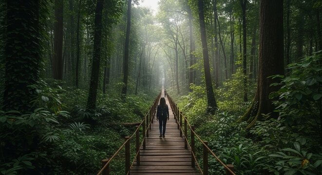 Person Walking on Wooden Path Through Lush Green Forest with Sunbeams.