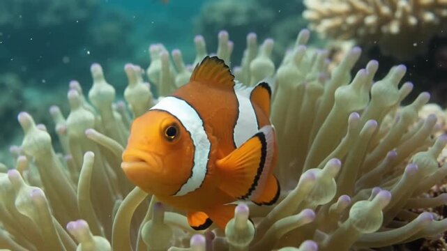 Clownfish Swimming in Sea Anemone Underwater