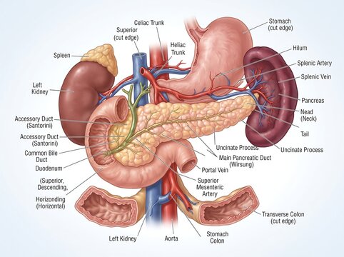 Human stomach and digestive system anatomy illustration showing pancreas, duodenum, spleen, kidney, and blood vessels
