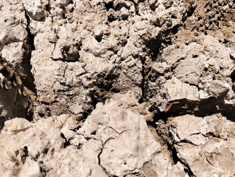 close up of dry cracked soil texture