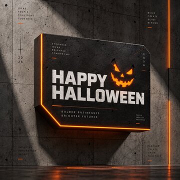 Happy halloween greeting sign on a textured dark wall with orange glowing frame light and spooky