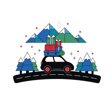 Stylized Illustration of a Car Loaded with Colorful Gifts Traveling Through a Mountain Landscape for Holiday Vacation