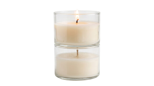 Scented white wax candles in glass jars, stacked decorative soy candle with burning flame, minimalist home fragrance and aromatherapy decor isolated PNG with Transparent Background