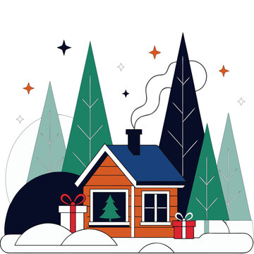 Winter Cabin In Snowy Forest Flat Vector Illustration With Gift Boxes And Pine Trees