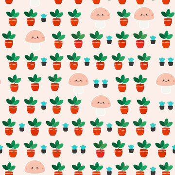 Cute cartoon mushrooms and potted plants seamless pattern