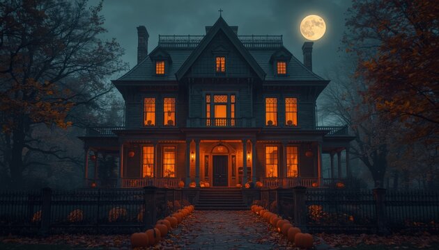 Spooky haunted mansion illuminated by glowing orange jack o lantern pumpkins under a bright full moon