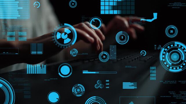 A close-up of hands typing on a keyboard amidst striking blue digital data visualizations, showcasing modern technology and the interplay of human interaction with digital elements. Xenic