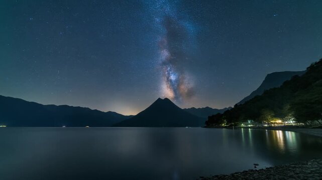Milky way galaxy over lake atitlan guatemala with volcano reflection