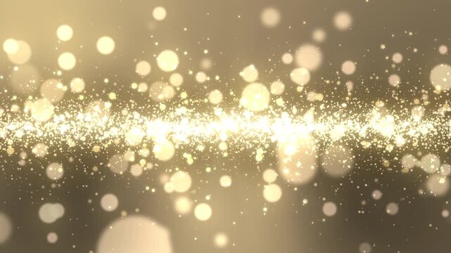 ゴールド背景の中央を横切る輝く光粒子と幻想的な玉ボケの帯のシームレスループ動画素材 / Glowing gold light particles and bokeh stream seamless loop background on gold gradient
