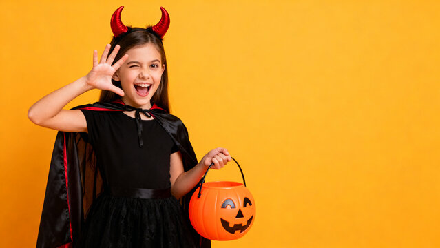 Girl in devil horns costume holding pumpkin bucket on orange background