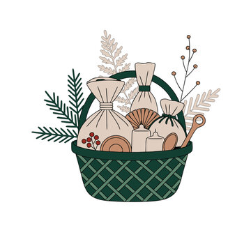 Holiday gift basket illustration with festive treats spa wellness products and botanical decor on white background