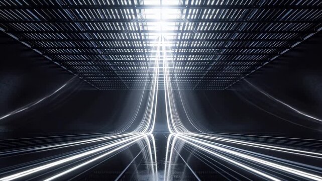 Dark futuristic space with linear perspective light beams