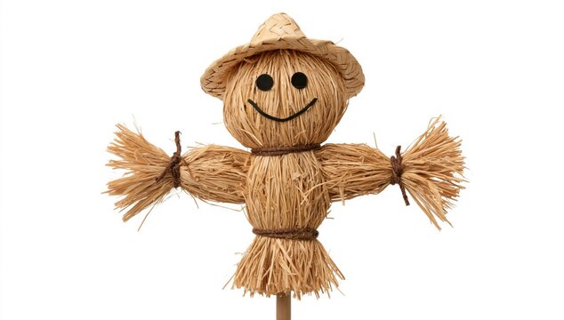 Scarecrow handmade straw doll figurine for autumn harvest decoration or fall farming ornament isolated on white