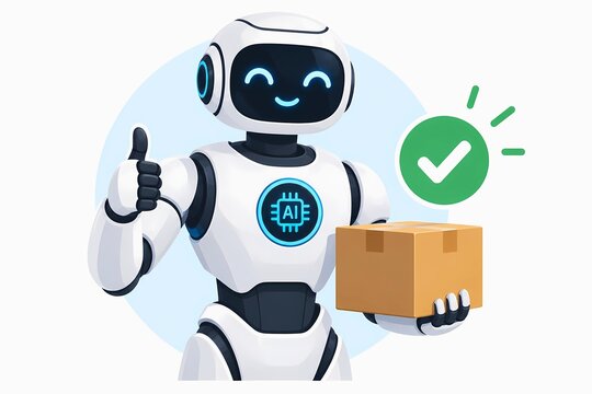 Friendly robot holding a parcel with a thumbs up and check
