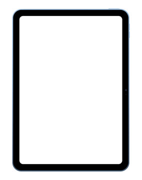 Realistic blue vertical tablet empty screen frame overlay mockup. Mobile pad display template isolated on transparent bg. Device front view. Display boarder for social media. Vector illustration